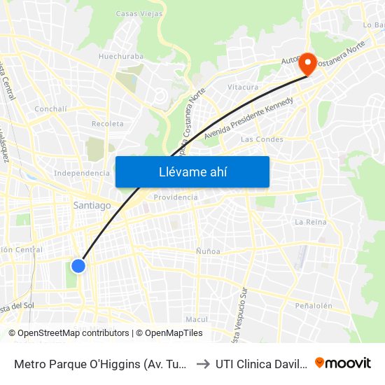 Metro Parque O'Higgins (Av. Tupper Esq. Av. Viel) to UTI Clinica Davila - 4° Piso map