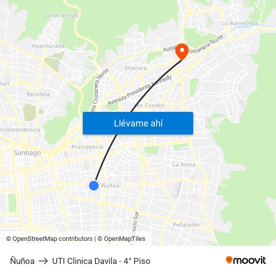 Ñuñoa to UTI Clinica Davila - 4° Piso map