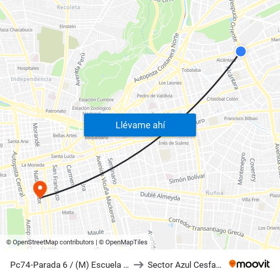 Pc74-Parada 6 / (M) Escuela Militar to Sector Azul Cesfam N1 map
