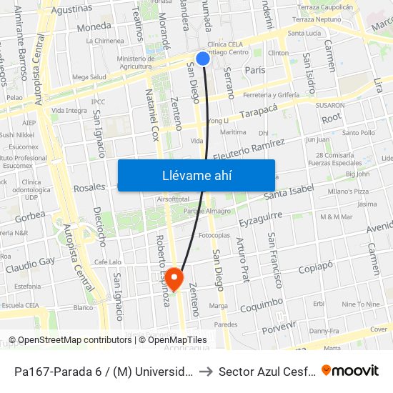 Pa167-Parada 6 / (M) Universidad De Chile to Sector Azul Cesfam N1 map