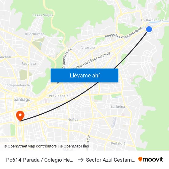 Pc614-Parada / Colegio Hebreo to Sector Azul Cesfam N1 map