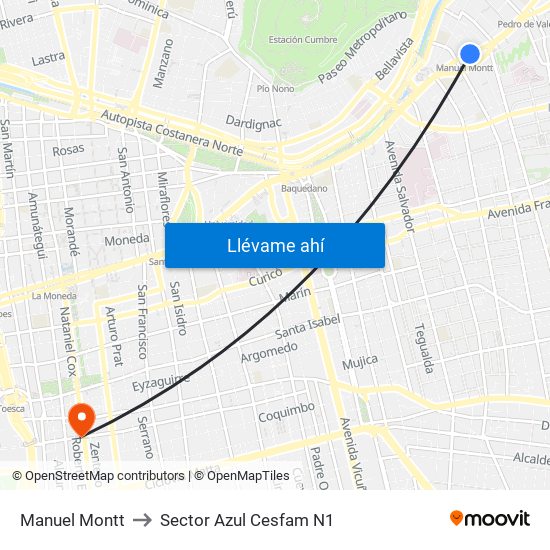 Manuel Montt to Sector Azul Cesfam N1 map