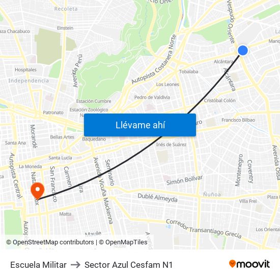 Escuela Militar to Sector Azul Cesfam N1 map