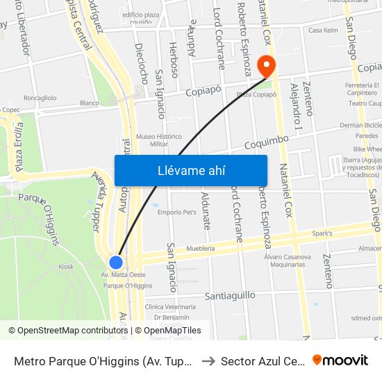Metro Parque O'Higgins (Av. Tupper Esq. Av. Viel) to Sector Azul Cesfam N1 map