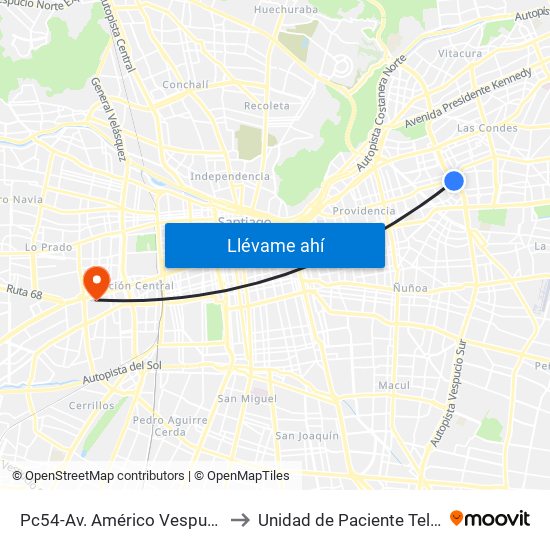 Pc54-Av. Américo Vespucio / Esq. Av. Cristóbal Colón to Unidad de Paciente Teletón, Clinica  Bicentenario. map