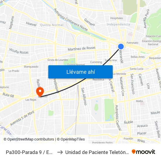 Pa300-Parada 9 / Estación Mapocho to Unidad de Paciente Teletón, Clinica  Bicentenario. map