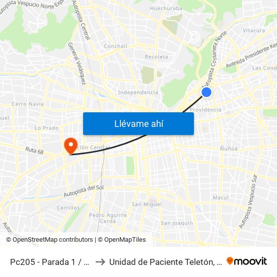 Pc205 - Parada 1 / (M) Los Leones to Unidad de Paciente Teletón, Clinica  Bicentenario. map