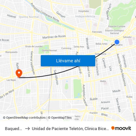 Baquedano to Unidad de Paciente Teletón, Clinica  Bicentenario. map
