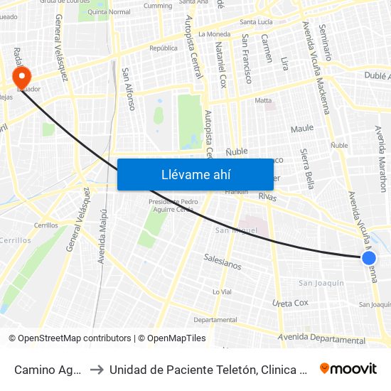 Camino Agrícola to Unidad de Paciente Teletón, Clinica  Bicentenario. map