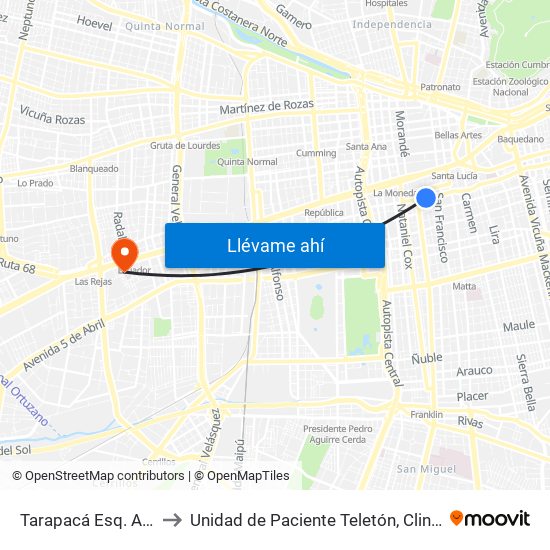 Tarapacá Esq. Arturo Prat to Unidad de Paciente Teletón, Clinica  Bicentenario. map