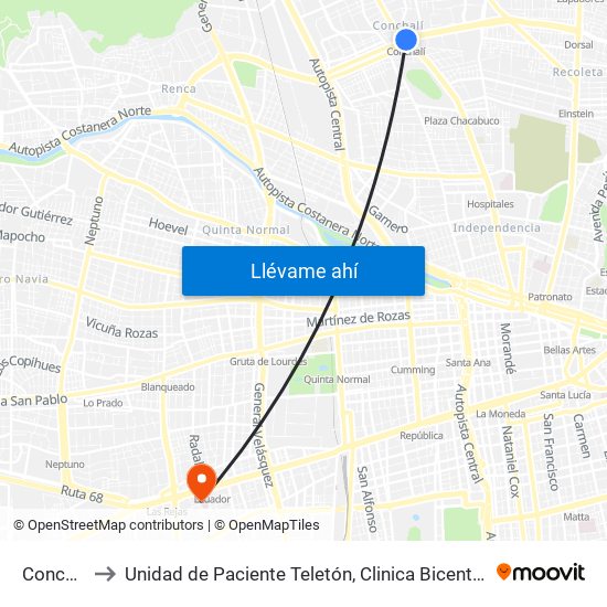 Conchalí to Unidad de Paciente Teletón, Clinica  Bicentenario. map