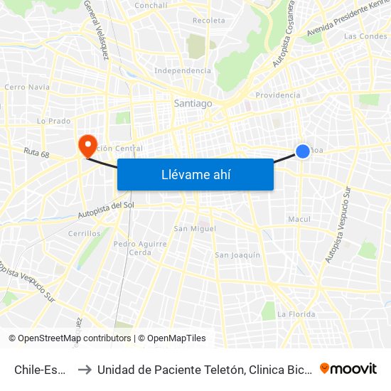 Chile-España to Unidad de Paciente Teletón, Clinica  Bicentenario. map
