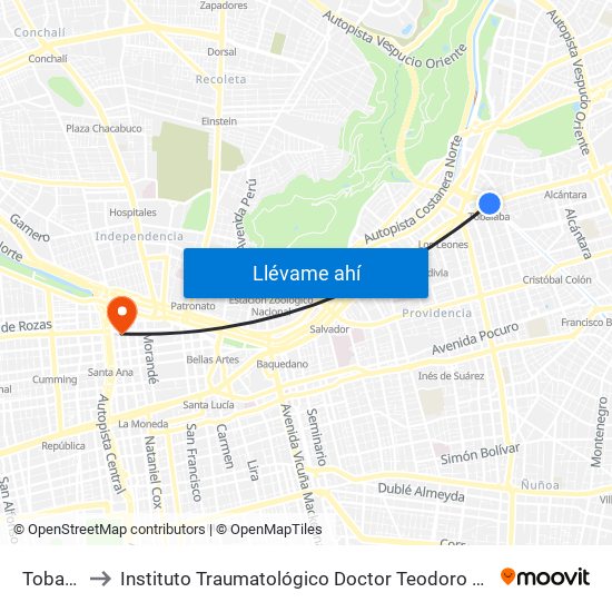 Tobalaba to Instituto Traumatológico Doctor Teodoro Gebauer Weisser map