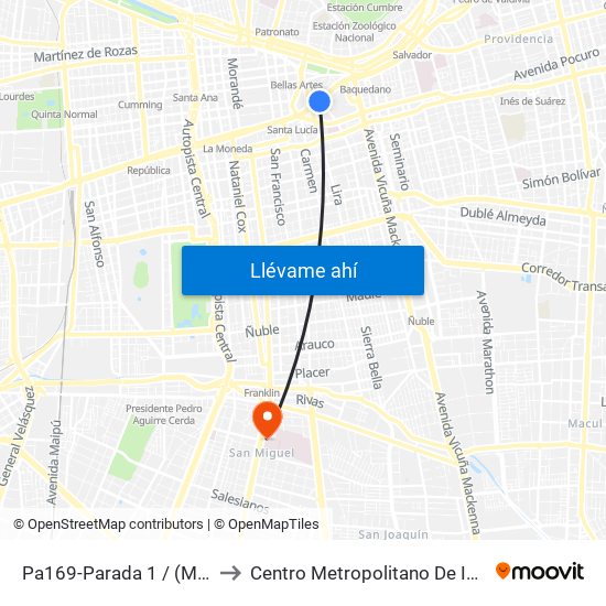 Pa169-Parada 1 / (M) Universidad Católica to Centro Metropolitano De Imágenes Mamarias (Cmim) map