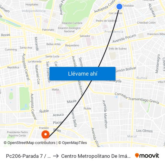 Pc206-Parada 7 / (M) Los Leones to Centro Metropolitano De Imágenes Mamarias (Cmim) map