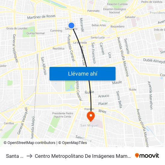 Santa Ana to Centro Metropolitano De Imágenes Mamarias (Cmim) map