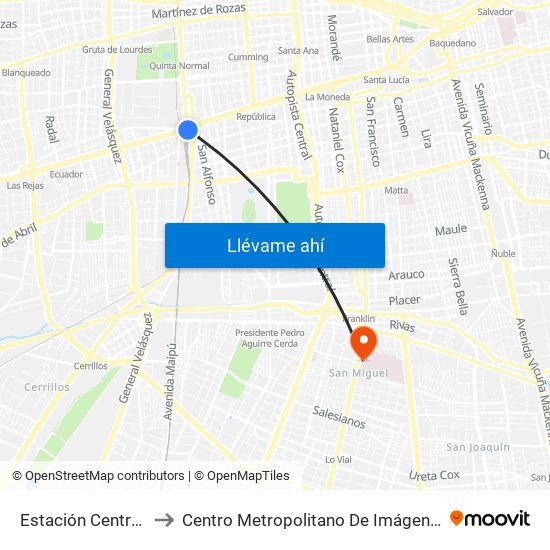 Estación Central (Anden1) to Centro Metropolitano De Imágenes Mamarias (Cmim) map