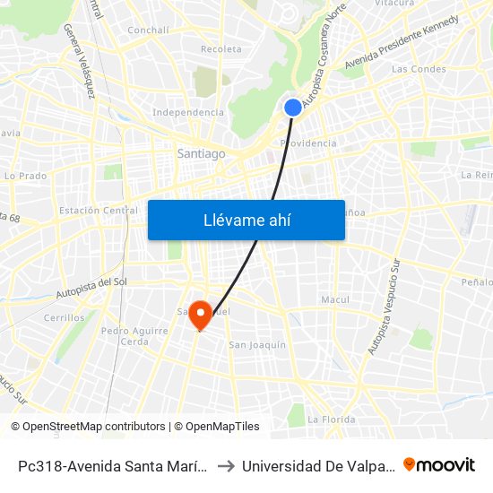 Pc318-Avenida Santa María / Esq. Av. Pedro De Valdivia to Universidad De Valparaíso Campus Santiago map