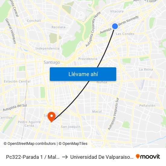 Pc322-Parada 1 / Mall Parque Arauco to Universidad De Valparaíso Campus Santiago map