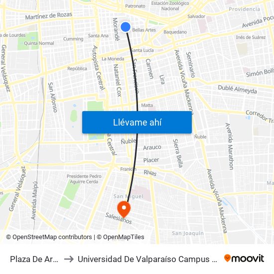 Plaza De Armas to Universidad De Valparaíso Campus Santiago map