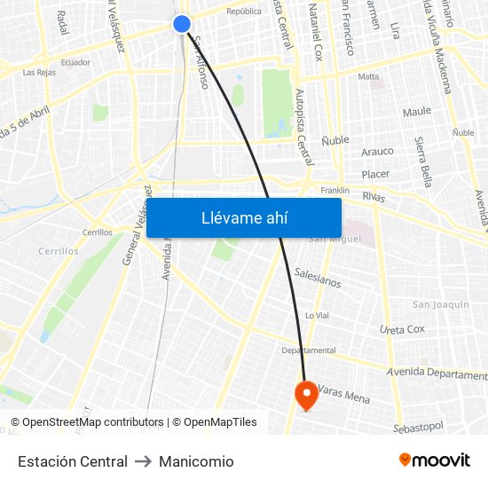 Estación Central to Manicomio map