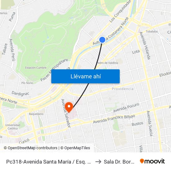 Pc318-Avenida Santa María / Esq. Av. Pedro De Valdivia to Sala Dr. Borquez Silva map