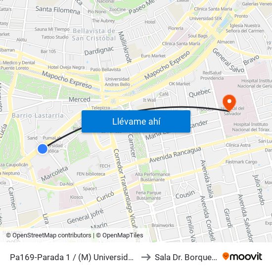 Pa169-Parada 1 / (M) Universidad Católica to Sala Dr. Borquez Silva map