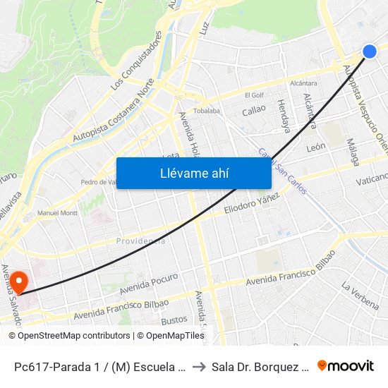 Pc617-Parada 1 / (M) Escuela Militar to Sala Dr. Borquez Silva map