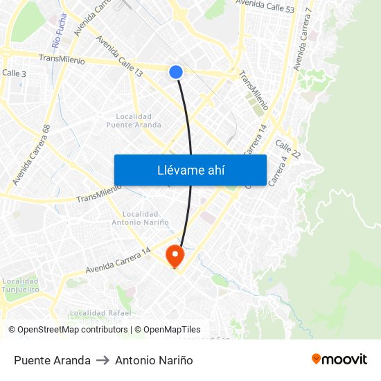 Puente Aranda to Antonio Nariño map