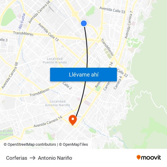 Corferias to Antonio Nariño map
