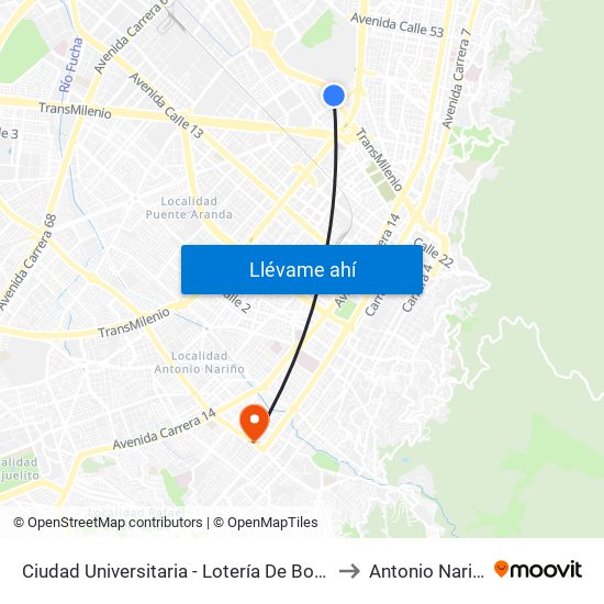 Ciudad Universitaria - Lotería De Bogotá to Antonio Nariño map