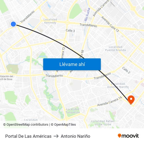 Portal De Las Américas to Antonio Nariño map