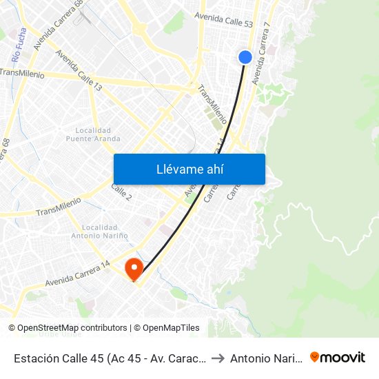 Estación Calle 45 (Ac 45 - Av. Caracas) to Antonio Nariño map