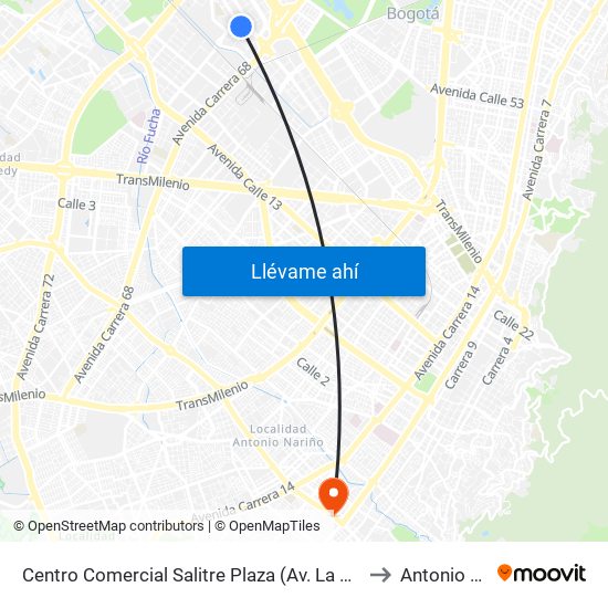 Centro Comercial Salitre Plaza (Av. La Esperanza - Kr 68b) to Antonio Nariño map