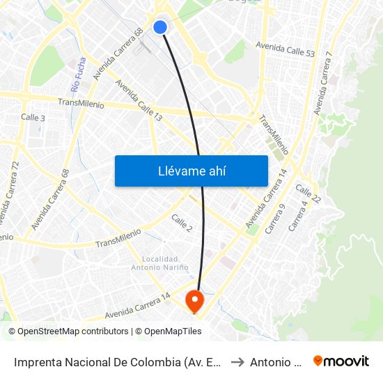 Imprenta Nacional De Colombia (Av. Esperanza - Kr 66) to Antonio Nariño map