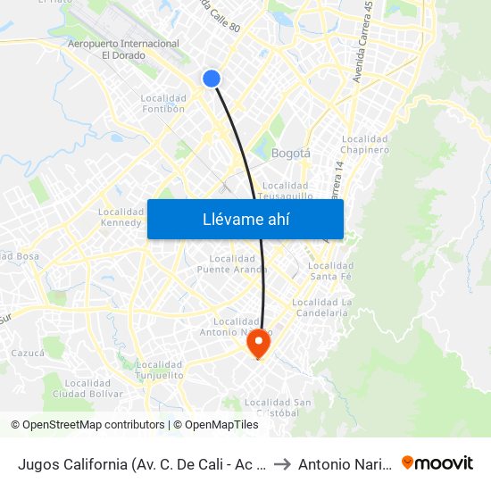 Jugos California (Av. C. De Cali - Ac 63) to Antonio Nariño map