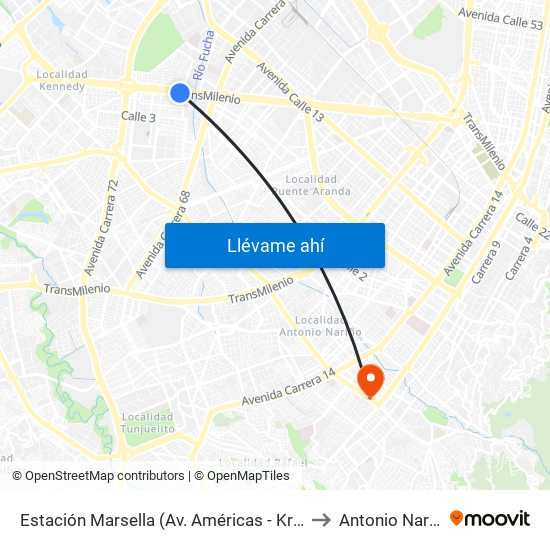 Estación Marsella (Av. Américas - Kr 69b) to Antonio Nariño map