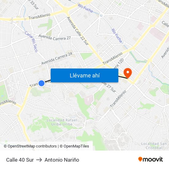 Calle 40 Sur to Antonio Nariño map