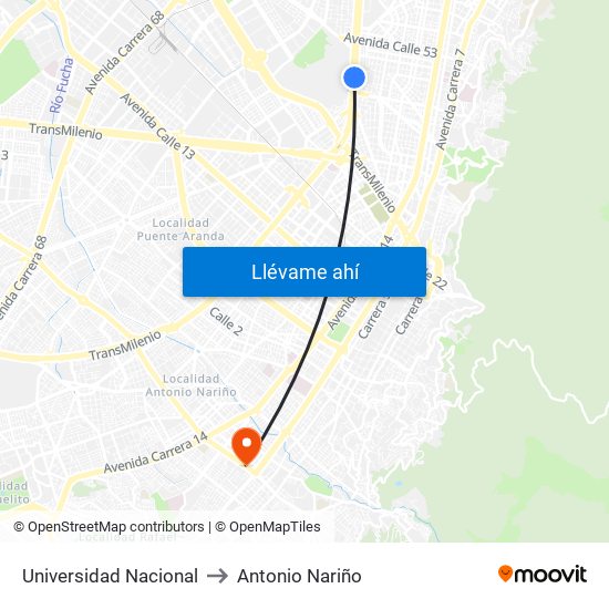 Universidad Nacional to Antonio Nariño map