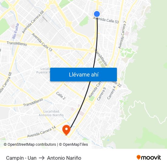 Campín - Uan to Antonio Nariño map
