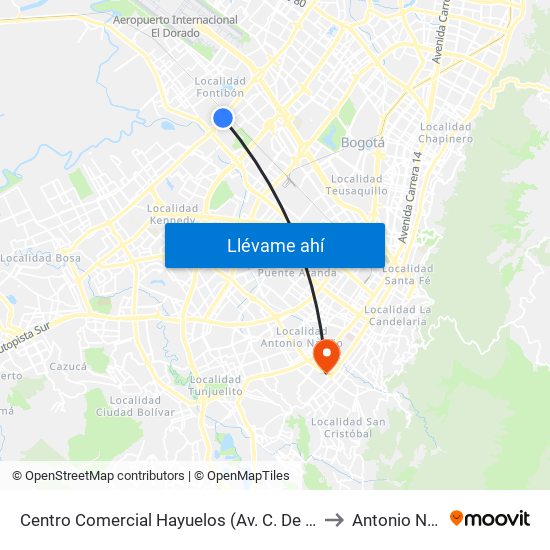 Centro Comercial Hayuelos (Av. C. De Cali - Cl 20) to Antonio Nariño map