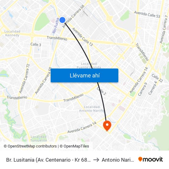 Br. Lusitania (Av. Centenario - Kr 68b) to Antonio Nariño map