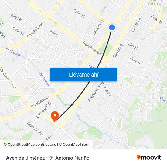 Avenida Jiménez to Antonio Nariño map