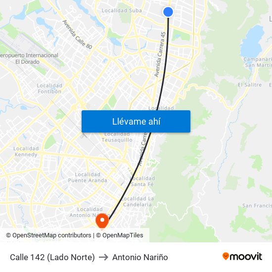Calle 142 (Lado Norte) to Antonio Nariño map