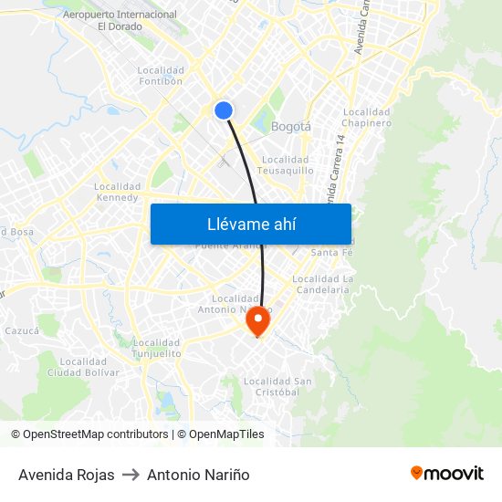 Avenida Rojas to Antonio Nariño map