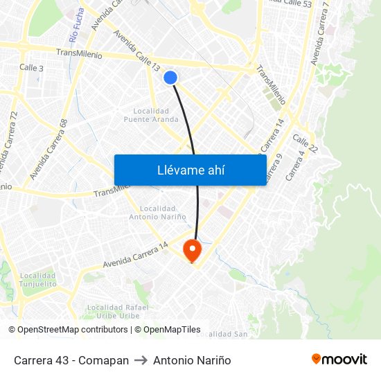 Carrera 43 - Comapan to Antonio Nariño map