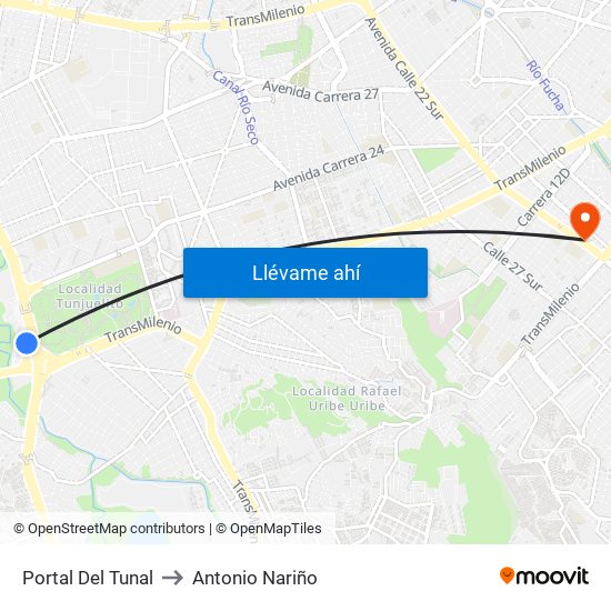 Portal Del Tunal to Antonio Nariño map
