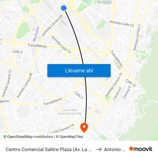 Centro Comercial Salitre Plaza (Av. La Esperanza - Kr 68a) to Antonio Nariño map