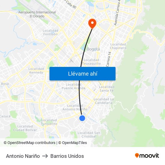 Antonio Nariño to Barrios Unidos map