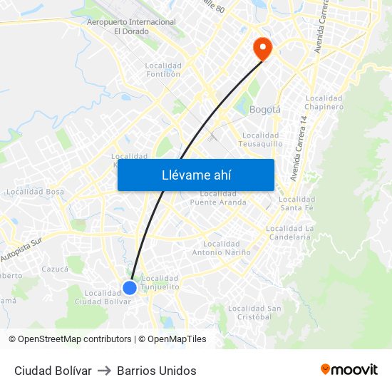 Ciudad Bolívar to Barrios Unidos map
